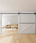 12FT Sliding Barn Door Hardware Kit for Single Doors up to 72 Inch installed in living room with carbon steel track and quiet rollers