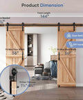 12 FT Double Sliding Barn Door Hardware Kit with straight pulley and handle installed, showcasing door dimensions and track length.