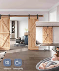 12 FT Double Sliding Barn Door Hardware Kit with straight pulley and handle installed in living room, aluminum track system visible