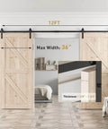 12 FT Double Sliding Barn Door Hardware Track Kit for Wood Slab Doors, J Shape Hanger Design, fits 36 inch wide doors