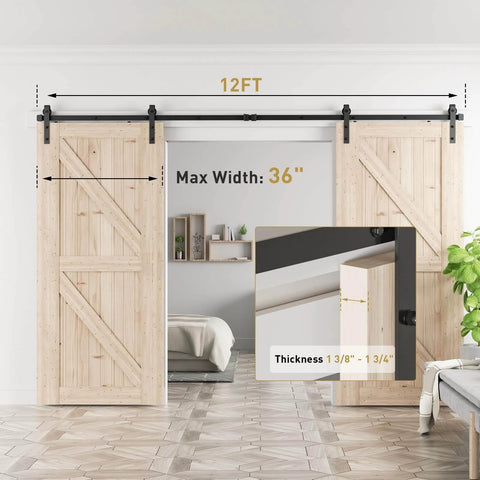 12 FT Double Sliding Barn Door Hardware Track Kit for Wood Slab Doors, J Shape Hanger Design, fits 36 inch wide doors