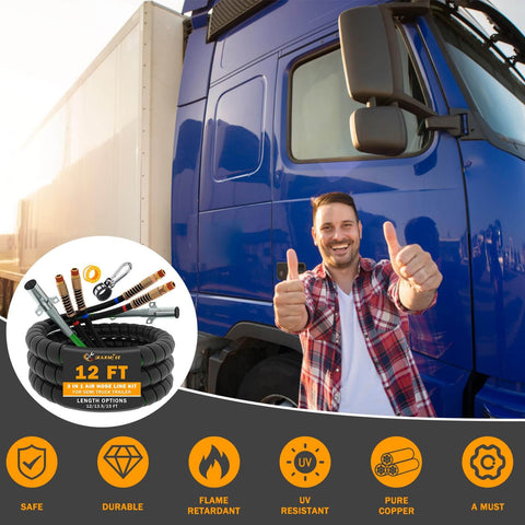 Heavy Duty 12 Ft 3 In 1 Semi Truck Air Lines Kit with Trailer Cord and Air Brake Hoses, shown with truck and happy driver