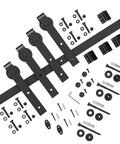 12 FT Double Sliding Barn Door Hardware Track Kit for Wood Slab Doors with J Shape Hanger Design and mounting parts layout