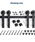 Components layout of 12 FT Double Door Sliding Barn Door Hardware Track Kit with Straight Pulley, screws and fittings shown.
