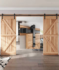 12 FT Double Door Sliding Barn Door Hardware Track Kit with Straight Pulley, heavy duty steel, installed on wood doors.