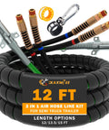 Heavy Duty 12 Ft 3 In 1 Semi Truck Air Lines Kit With Trailer Cord And Air Brake Hoses Assembly No Rubber Gladhand Handles Includes ABS Power Line Stainless Clamp And Teflon Tape DOT SAE Certified SAE J2394 J1402A For Tractor Trailer