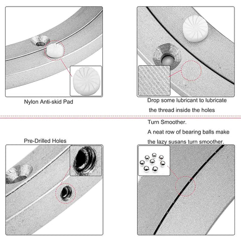 Details of 12 Inch Aluminum Lazy Susan Turntable Bearing: anti-skid pad, lubricant, pre-drilled holes, and ball bearings for smooth rotation.
