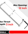 Image showing dimensions of 4 Pack 12 Inch Bar Clamps Set With Drop Forged Steel Construction 3 Inch Throat Depth And 450 Lbs Load Capacity.