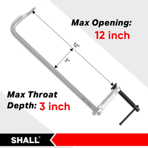 Image showing dimensions of 4 Pack 12 Inch Bar Clamps Set With Drop Forged Steel Construction 3 Inch Throat Depth And 450 Lbs Load Capacity.