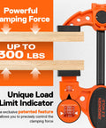 Heavy Duty Woodworking Bar Clamps 12 Inch One Handed Quick Grip Clamp Set Two Pack With 300 Lb Load Limit Indicator And Spreader Function EZ Hold F Style Clamps Jorgensen For Woodworking Projects And Cabinet Making showing clamping force.