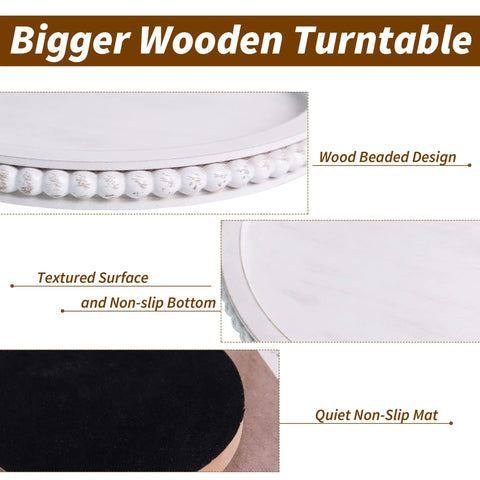 12 Inch Beaded Wooden Lazy Susan Organizer For Farmhouse Tables And Kitchen Counters, wood beaded design, textured surface.