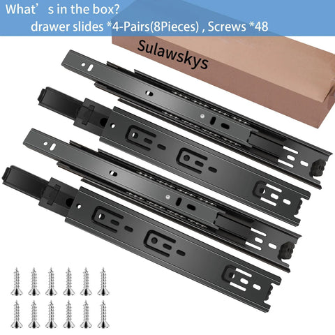 12 Inch Full Extension Drawer Slides Set, 4 Pairs (8 Pieces) Ball Bearing Side Mount Rails, screws, package box shown