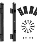 FRMSAET Sliding Keyboard Drawer Tray Hardware components, including 12-inch black metal slides, brackets, and screws for under-desk mounting.