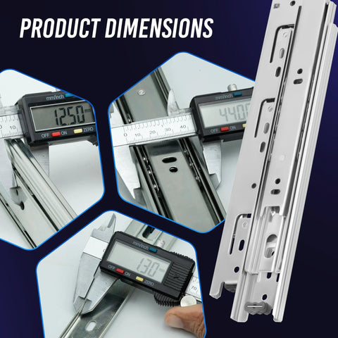 Dimensions of 12 Inch Full Extension Drawer Slides With Ball Bearing For Heavy Duty Side Mount Rails showcased with caliper