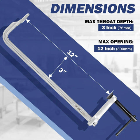 Four Pack 12 Inch Light-Duty F Clamps With Drop Forged Steel Construction And 450 Lb Clamping Power, showing dimensions