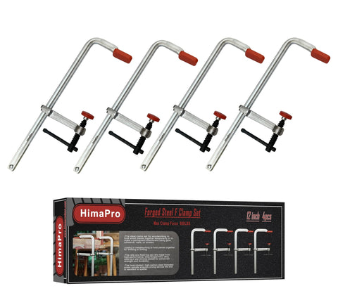 Heavy Duty 12 Inch Bar Clamp Set Four Pack Drop Forged Steel F Clamps With 600 Lb Load Capacity And 3-5/32 Inch Throat