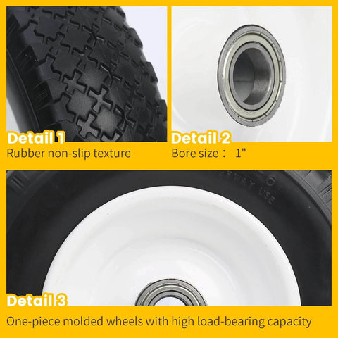 12 Inch Flat Free Solid Polyurethane Tire and Wheel, Black All Purpose Replacement with 1 Inch Bore, tread and hub detail