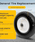 12 Inch Flat Free Solid Polyurethane Tire and Wheel, Black All Purpose Replacement with 1 Inch Bore on display with dimensions
