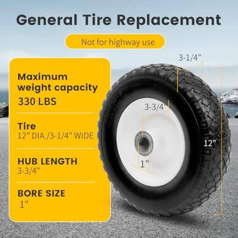 12 Inch Flat Free Solid Polyurethane Tire and Wheel, Black All Purpose Replacement with 1 Inch Bore on display with dimensions