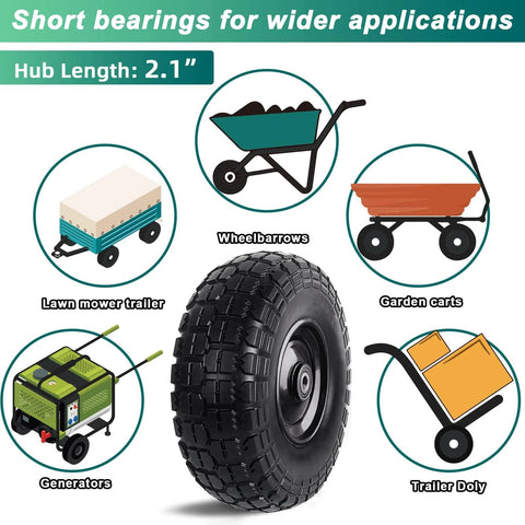 12 Inch Flat Free Solid Rubber Tire and Wheel Set for wheelbarrows, garden carts, with 2.1 inch hub length and 5/8 inch axle bore