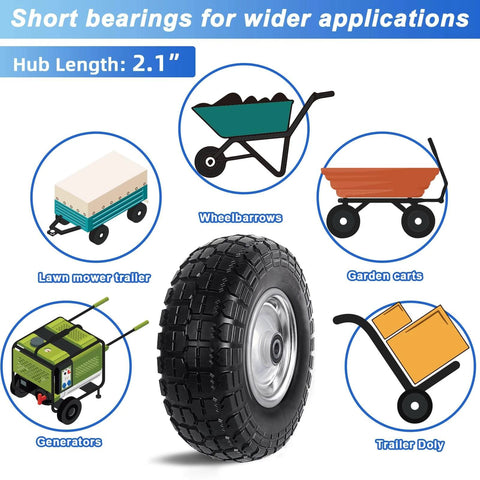 12 Inch Flat Free Solid Tire and Wheel Assemblies, 410/350-6 Polyurethane Replacement Tires for hand trucks and garden carts, hub length detail.