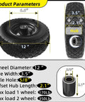 12 Inch Flat Free Solid Rubber Tire and Wheel Assembly with 2.1 Inch Offset Hub, dimensions and specs shown