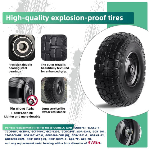 12 Inch Flat Free Solid Rubber Tire and Wheel Set, 410/350-6 Polyurethane Replacement Wheels, side view with specifications