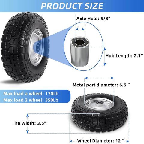 Diagram showing 12 Inch Flat Free Solid Tire and Wheel Assemblies, 410/350-6, 3.5 Inch Wide, 2.1 Hub, 5/8 Inch Axle Bore, Silver.