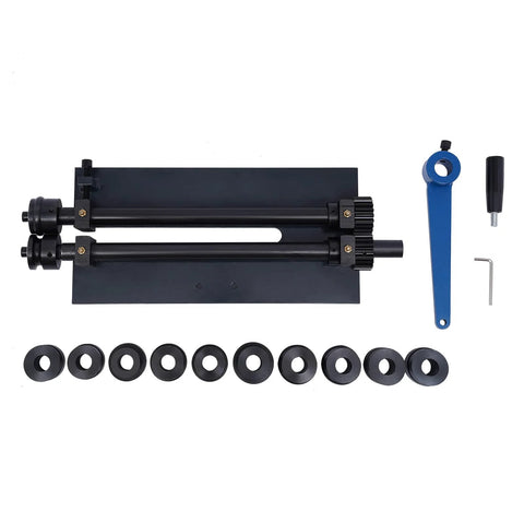 12 Inch Gear Drive Bead Roller Machine With Bench Mount Manual Bending 6 Dies Kit laid out with accessories for metal projects
