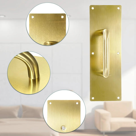 12 Inch Stainless Steel Door Handle Pull And Push Plate Set Heavy Duty Gold Brushed Finish with focus on handle and mounting details