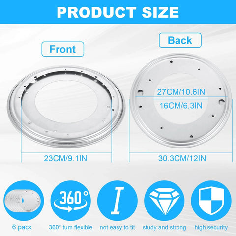 Diagram showing front and back of 6 Pack 12 Inch Heavy Duty Lazy Susan Turntable Bearings with size dimensions and key features.
