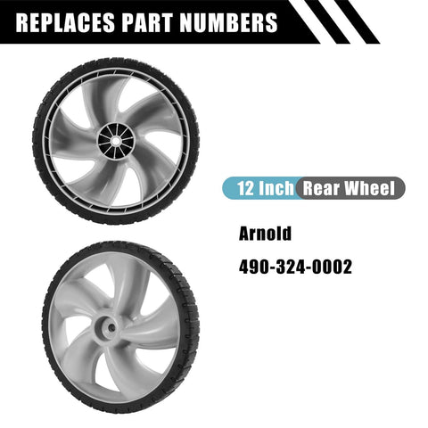 12x1.75 Inch Lawn Mower Rear Wheels 2 Pack Replacement for Craftsman 490-324-0002, shown as two plastic wheel images with hub details