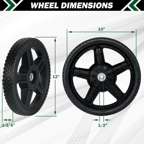 4 Pack 12 Inch Lawn Mower Wheels with Bolts and Lock Nuts, side and front view showing wheel dimensions and tread