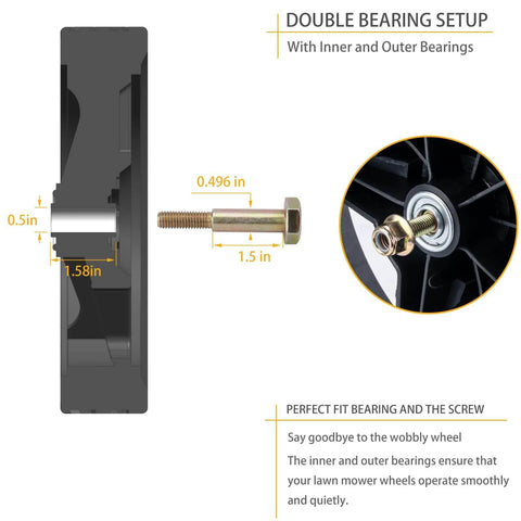 12 Inch Lawn Mower Wheels 2 Pack for Push Mowers, Inner and Outer Bearing Design, close-up showing bolts, bearings, and dimensions