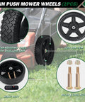 12 Inch Lawn Mower Wheels 2 Pack with Bolts and Lock Nuts, close-up view of tread and hardware for push mower replacements