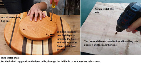 Installation process of 12 Inch Lazy Susan Base Only For Glass Granite Or Wood Tables with a wooden top and drilling instructions.