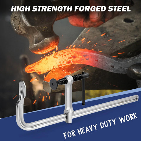 Forged steel process with Four Pack 12 Inch Light-Duty F Clamps With Drop Forged Steel Construction And 450 Lb Clamping Power, Throat Depth 3 Inches