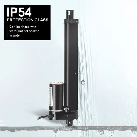 12 Inch 12" High Speed 14mm/s Linear Actuator Motor 1000N DC12V with Mounting Brackets in water showcasing IP54 protection.
