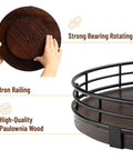 12 Inch Dark Mahogany Lazy Susan Turntable Organizer With Black Metal Frame, showing rotating base and iron railing details.