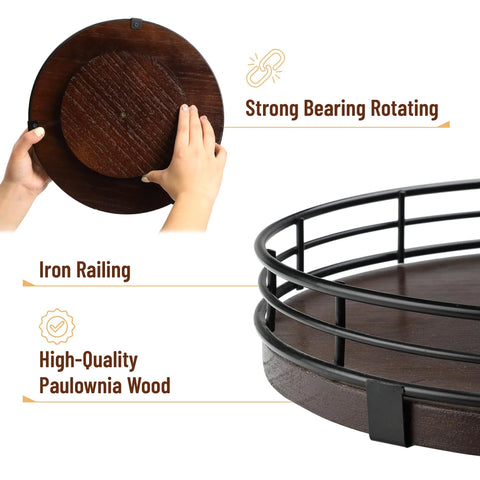 12 Inch Dark Mahogany Lazy Susan Turntable Organizer With Black Metal Frame, showing rotating base and iron railing details.