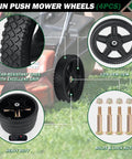 4 Pack 12 Inch Lawn Mower Wheels with Bolts and Lock Nuts, showing close-up of tread pattern, bolts, and assembled kit