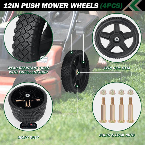 4 Pack 12 Inch Lawn Mower Wheels with Bolts and Lock Nuts, showing close-up of tread pattern, bolts, and assembled kit