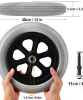 2 Pack 12 Inch Solid Plastic Spoked Wheelchair Replacement Wheels with Hard Rubber Tires, 0.5 Inch Shaft Aperture