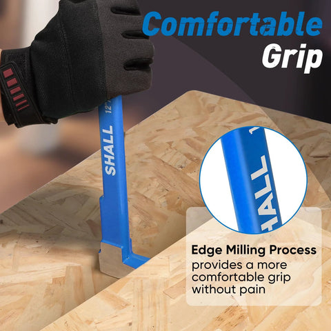 Versatile 4 Piece Pry Bar Set with a 12 inch cat's paw nail puller in use on a wooden surface, focusing on comfortable grip feature.