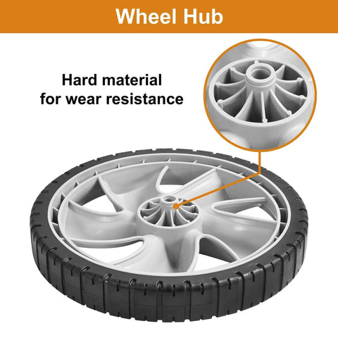 Close-up of 12 Inch Lawn Mower Rear Wheel hub, highlighting hard material for wear resistance. Part of 12 Inch Lawn Mower Rear Wheels 2 Pack Replacement for Arnold 490-324-0002.