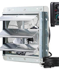 Beefy 12 Inch Wall Mounted Shutter Exhaust Fan With Automatic Shutter Built In Thermostat And Variable Speed Controller 960 CFM 0.6A Covers Up To 1400 Sq Ft Heavy Duty Silver Ventilation For Garage And Shop shown with controller and cord.
