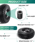 12 Inch Flat Free Solid Rubber Tire and Wheel Set, 410/350-6 Polyurethane Replacement Wheels, product size details diagram
