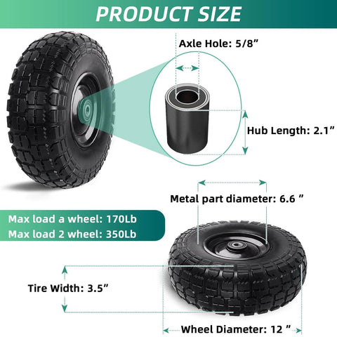 12 Inch Flat Free Solid Rubber Tire and Wheel Set, 410/350-6 Polyurethane Replacement Wheels, product size details diagram