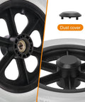Close-up of 2 Pack 12 Inch Solid Plastic Spoked Wheelchair Replacement Wheels with Hard Rubber Tires, showing shaft aperture and dust cover.