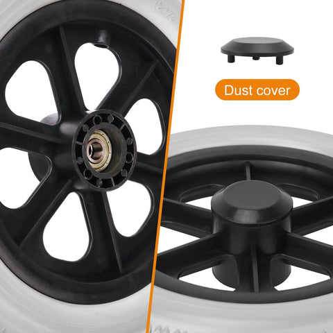 Close-up of 2 Pack 12 Inch Solid Plastic Spoked Wheelchair Replacement Wheels with Hard Rubber Tires, showing shaft aperture and dust cover.